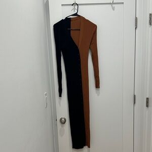 STAUD Two-Tone Asymmetrical Dress in Black and Brown